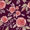 Hand drawn watercolor and line art floral seamless pattern with tender pink peonies, roses in vector on the burgundy background. Royalty Free Stock Photo