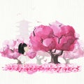 Hand drawn watercolor little japanese girl and sakura trees, petals and Pagoda.