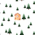Hand drawn watercolor little lonely toy house in woods or pine forest, around christmas trees, decoration for wrapper, cards,
