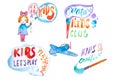 Hand-drawn watercolor logo set for kids club. Collection of promotional symbols for playground and entertaining center