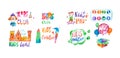 Hand-drawn watercolor logo set for kids club. Collection of promotional symbols for playground and entertaining center