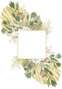 Hand drawn watercolor luxure tropical frame. Rustic floral and dasty leaves for wedding invintation