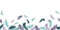 Hand drawn watercolor Mardi Gras carnival symbols. Bird feather quill plumage, emerald mint green purple violet