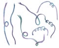 Hand drawn watercolor Mardi Gras carnival symbols. Paper textile ribbons serpentine streamer, green purple. Single