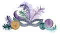 Hand drawn watercolor Mardi Gras carnival symbols. Theater masquerade circus mask feathers, rex coins doubloons