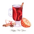 Hand-drawn watercolor New Year illustration with mulled wine in the glass and orange isolated on the white background Royalty Free Stock Photo