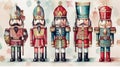 Hand-Drawn Watercolor Nutcracker Soldiers Set for Christmas Card and Winter Holidays.