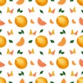 Hand drawn watercolor orange lemon slices with green leaves seamless pattern on white background. Scrapbook, post card, textile, Royalty Free Stock Photo