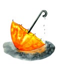 Hand drawn watercolor orange umbrella lies in puddle of rainy water Royalty Free Stock Photo