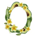 Hand drawn watercolor oval round circle frame template with green healthy tropical avocado fruit. Mexican tree super