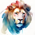 Hand-drawn Watercolor painted Lion face, An artistic color realistic portrait of a lion\'s head