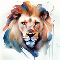Hand-drawn Watercolor painted Lion face, An artistic color realistic portrait of a lion\'s head