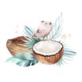 Hand drawn watercolor painting birds and Tropical palm leaves with Coconuts isolated on white background. . Nature Fruit