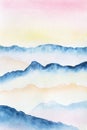 Hand drawn watercolor painting of blue foggy mountains