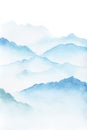 Hand drawn watercolor painting of blue foggy mountains