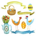 Easter with hens, Easter eggs, basket of eggs, flowers in a watering can, clouds and ribbons.