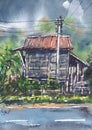 Hand drawn watercolor painting of local barn. Landscape watercolor painting. Scanning high resolution