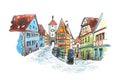 Hand drawn watercolor painting of old town in Germany. Romantic cityscape Bavarian Rothenburg ob der Tauber painted