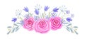 Hand drawn watercolor painting with pink roses and bluebell flowers bouquet isolated on white background. Floral ornamen