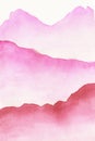 Hand drawn watercolor painting of pink sunset foggy mountains