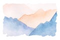 Hand drawn watercolor painting of pink sunset foggy mountains, isolated background