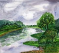 Hand drawn watercolor painting. River and forest. Street and outdoors. Summer landscape. Green trees. Gray rainy sky. Nature and