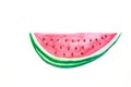 Hand Drawn Watercolor Painting of Wedge Slice of Ripe Juicy Watermelon with Red Dent Seeds in Doodle Kids Style