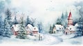 A Winter Christmas Scene. Christmas in a village. Pine evergreen trees, decorated festive wintry snow, watercolor Illustrations Royalty Free Stock Photo