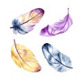 Hand drawn watercolor paintings vibrant feather set. Boho style wings. illustration isolated on white. Bird fly design Royalty Free Stock Photo