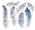 Hand drawn watercolor paintings vibrant feather set. Boho style