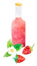 Hand-drawn watercolor papercut strawberry fruit soda drink or craft beer composition. Berries, leaves and flowers Royalty Free Stock Photo