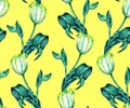 Hand drawn watercolor pattern with blue and white tulips and leaves isolated on yellow background. Botanical illustration Royalty Free Stock Photo