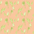 Hand-drawn watercolor pattern with flower buds and leaves on orange background Royalty Free Stock Photo