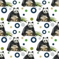 Hand drawn watercolor pattern with panda, bamboo leaves. Seamless patterns