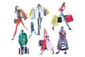 Hand drawn watercolor people with shopping bags. Fashion, sale