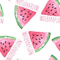 Hand drawn watercolor piece of juicy watermelon with written word \