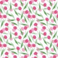 Hand drawn watercolor pink abstract tulips seamless pattern on white background. Can be used for Gift-wrapping, textile, fabric, Royalty Free Stock Photo