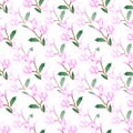 Hand drawn watercolor pink magnolia flower with green leaves seamless pattern. Isolated on white background. Scrapbook, textile, Royalty Free Stock Photo