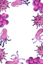 Hand drawn watercolor pink purple viruses and bacteria page frame border. Microscopic cell illness, virus, bacterium and