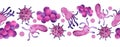 Hand drawn watercolor pink purple viruses and bacteria seamless horizontal border. Microscopic cell illness, virus