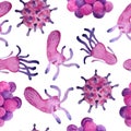 Hand drawn watercolor pink purple viruses and bacteria seamless pattern. Microscopic cell illness, virus, bacterium and