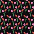 Hand drawn watercolor pink and red tulips seamless pattern on black background. Can be used for fabric, textile, gift-wrapping Royalty Free Stock Photo