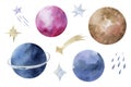 Hand-drawn watercolor planets, stars, universes and golden stars.