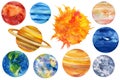 Hand-drawn watercolor planets, universes,. Large set space elements isolated on a white background. Royalty Free Stock Photo