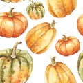 Hand drawn watercolor pumpkins fall seamless pattern on isolated white background. Watercolor illustration. Hand drawing. It is pe Royalty Free Stock Photo