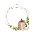 Hand drawn watercolor pumpkins frame. Fall arrangement with white pumpkin anf gold geometric wreath. Autumn vegetables
