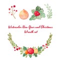 Hand drawn watercolor raster Christmas wreath set on white. Royalty Free Stock Photo
