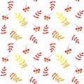 Hand drawn watercolor red, yellow, orange  leaves and branch rowan pattern seamless on white background. Royalty Free Stock Photo