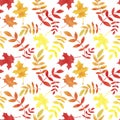 Hand drawn watercolor red, yellow, orange  leaves  pattern seamless on white background. Royalty Free Stock Photo