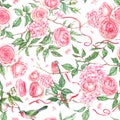 Hand-drawn watercolor repeated pattern with pink roses, hydrangea, leaves, branch, bird